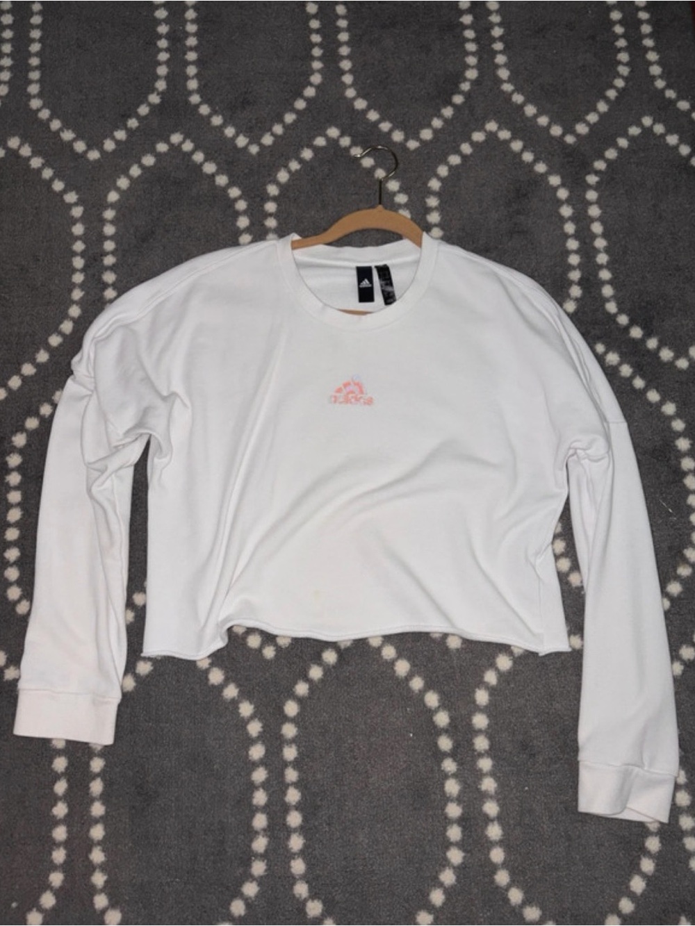 adidas White Cropped Crew Sweatshirt with Light Pink Logo